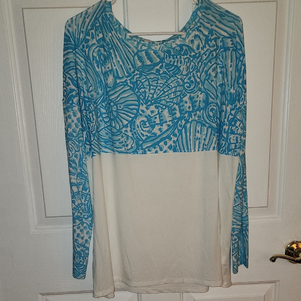 Lilly Pulitzer Large Long Sleeve Etta Top In Succulent Blue Sea Cups
